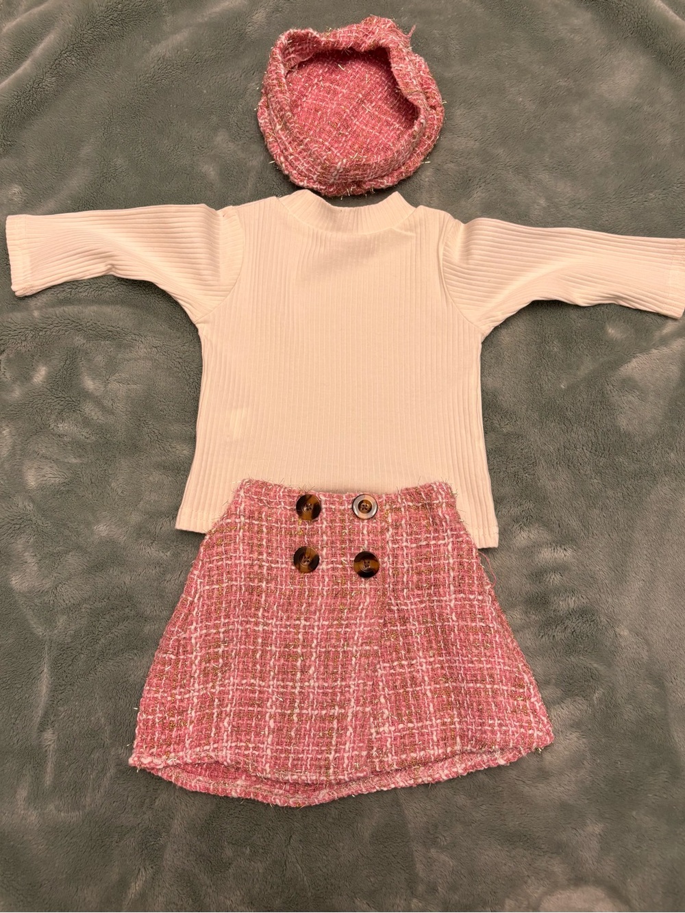 NWOT Baby Girl Pink Tweed Skirt Outfit & Beret 3-Piece Set 6–9M